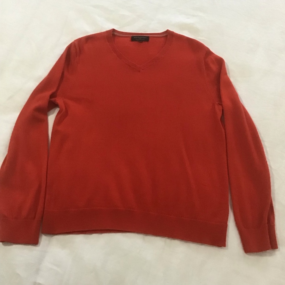 Banana Republic Factory Orangey Red Merino Wool V Neck Sweater, Size L - Picture 1 of 13